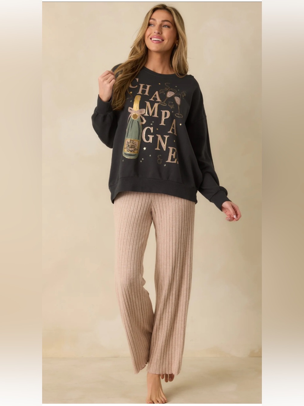 Z SUPPLY VINTAGE BLACK COTTON CELEBRATE CHAMPAGNE SWEATSHIRT